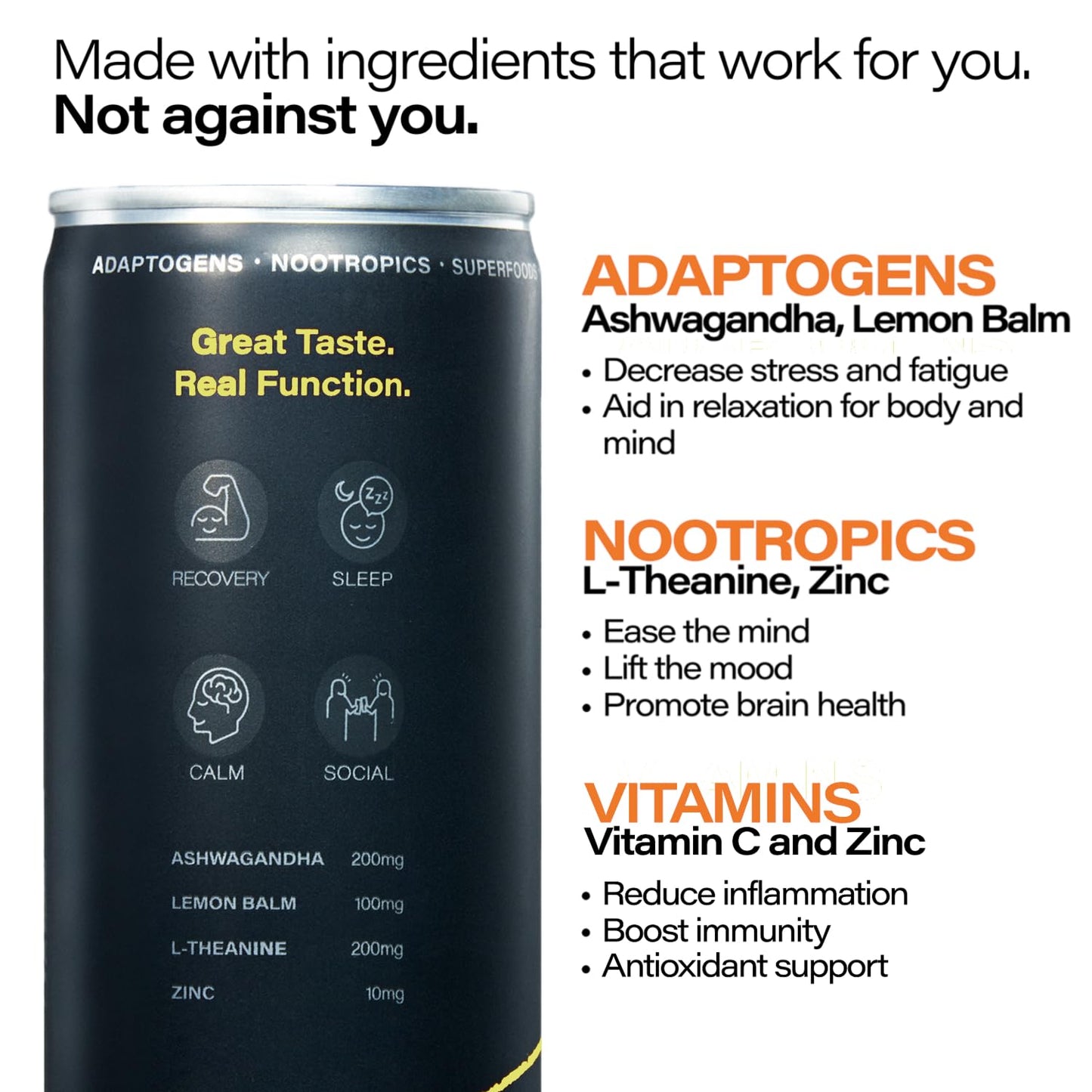 Peak Cocktails Non- Ic Cocktail | Adaptogens, Nootropics, Superfoods For Recovery, Calm, Sleep | Ashwagandha, Tart Cherry, L-Theanine | Mixologist-Crafted | Lemon Juniper Fizz | 8.4 Oz, 12-Pack