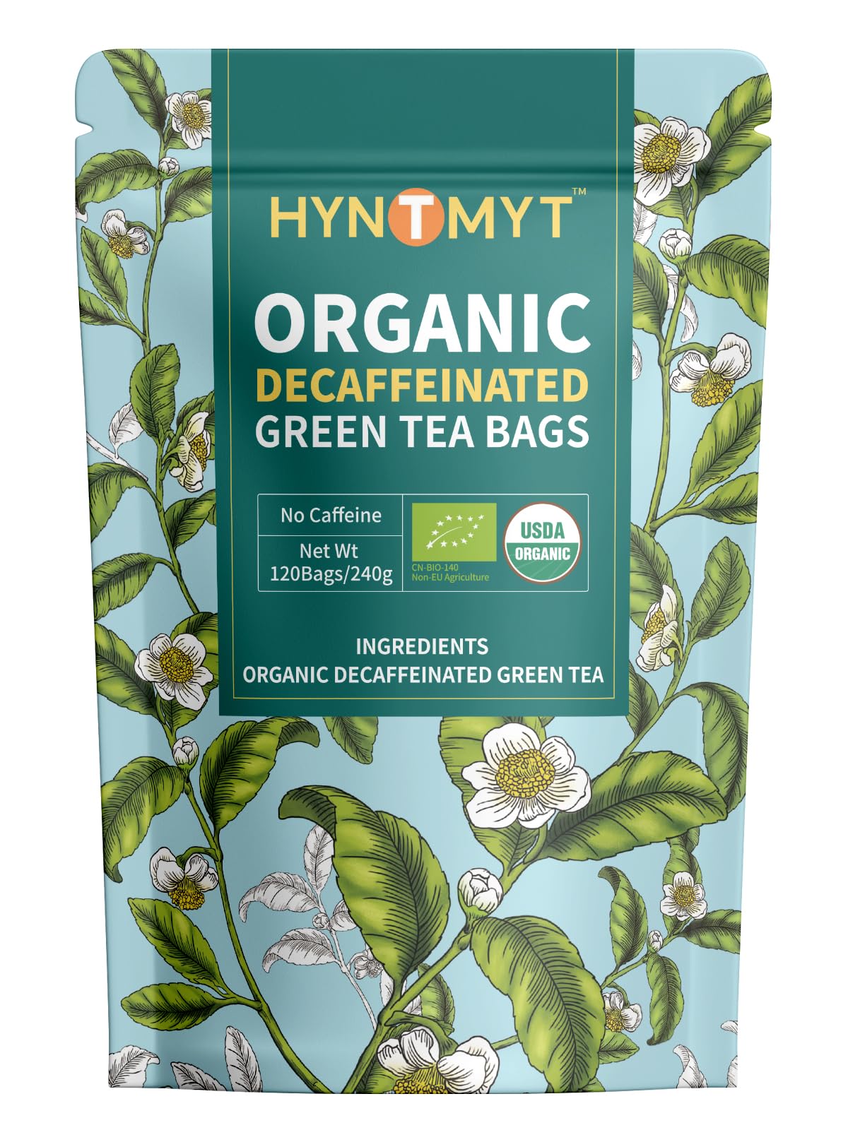 Hyntmyt Organic Decaffeinated Green Tea Bags, Usda Organic Decaf Green Tea, Fresh & Smooth Taste, Unsweetened, 120 Count
