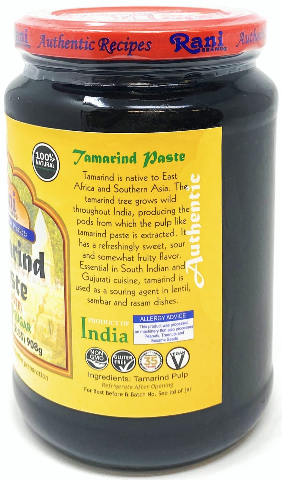 Rani Tamarind Paste Puree (Imli) 32oz (2lbs) 908g Bulk Glass Jar, No added sugar ~ All Natural | Vegan | Gluten Free | No Colors
