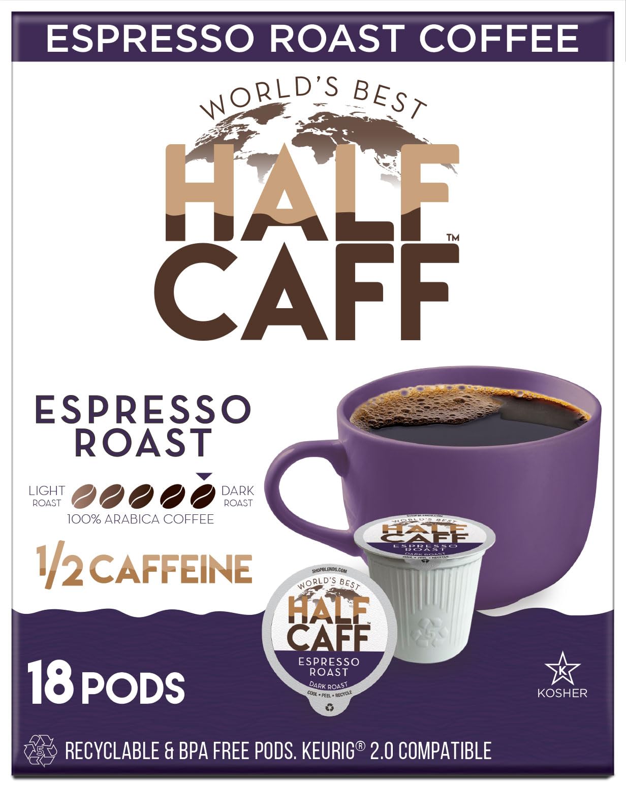 Worlds Best Half Caff Espresso Roast Coffee Pods, 18 Count, KCup Compatible, 100% Arabica, Solar Energy Produced, Dark Roast