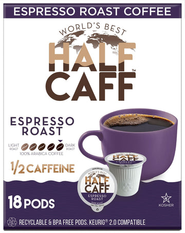 Worlds Best Half Caff Espresso Roast Coffee Pods, 18 Count, KCup Compatible, 100% Arabica, Solar Energy Produced, Dark Roast