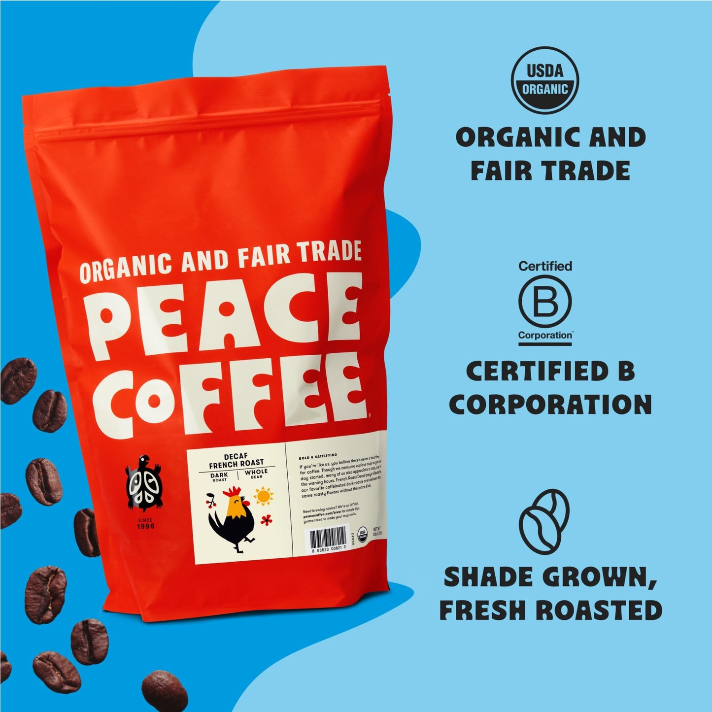 Peace Coffee Decaf French Roast, Organic Fair Trade Whole Bean Coffee, 5lb Bag