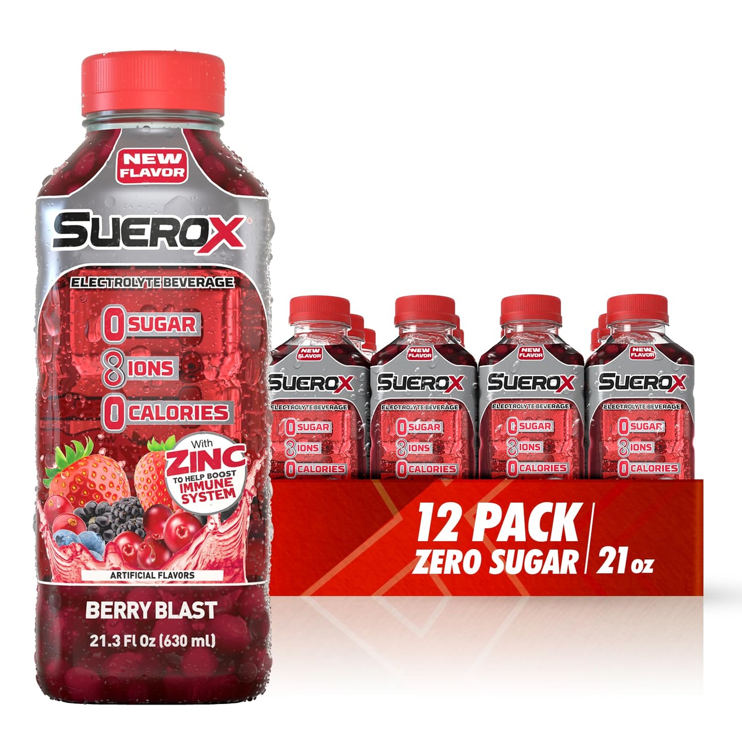 SueroX Sugar Free Sports Drink, Electrolyte Hydration with 8 Ions, 21.3 Fl Oz, 12 Pack, Berry Blast, Zero Calorie, Red