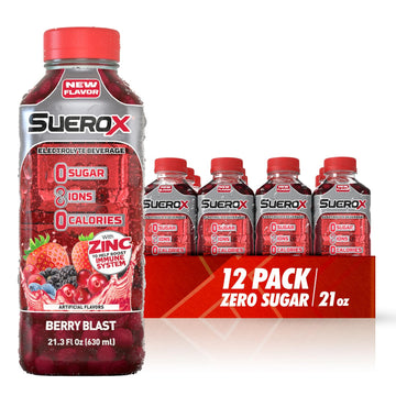 SueroX Sugar Free Sports Drink, Electrolyte Hydration with 8 Ions, 21.3 Fl Oz, 12 Pack, Berry Blast, Zero Calorie, Red