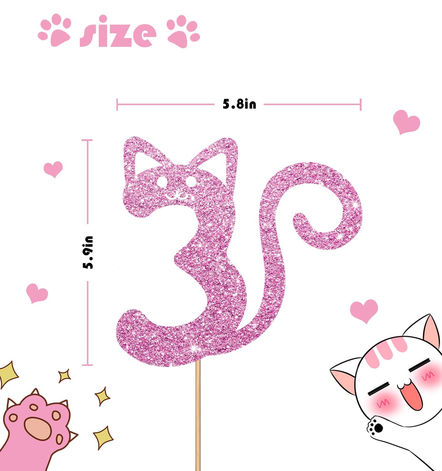 MINUET MINUTE Cat Three Cake Topper - Pink Glitter, Birthday Party Supplies for 3-Year-Old Girl