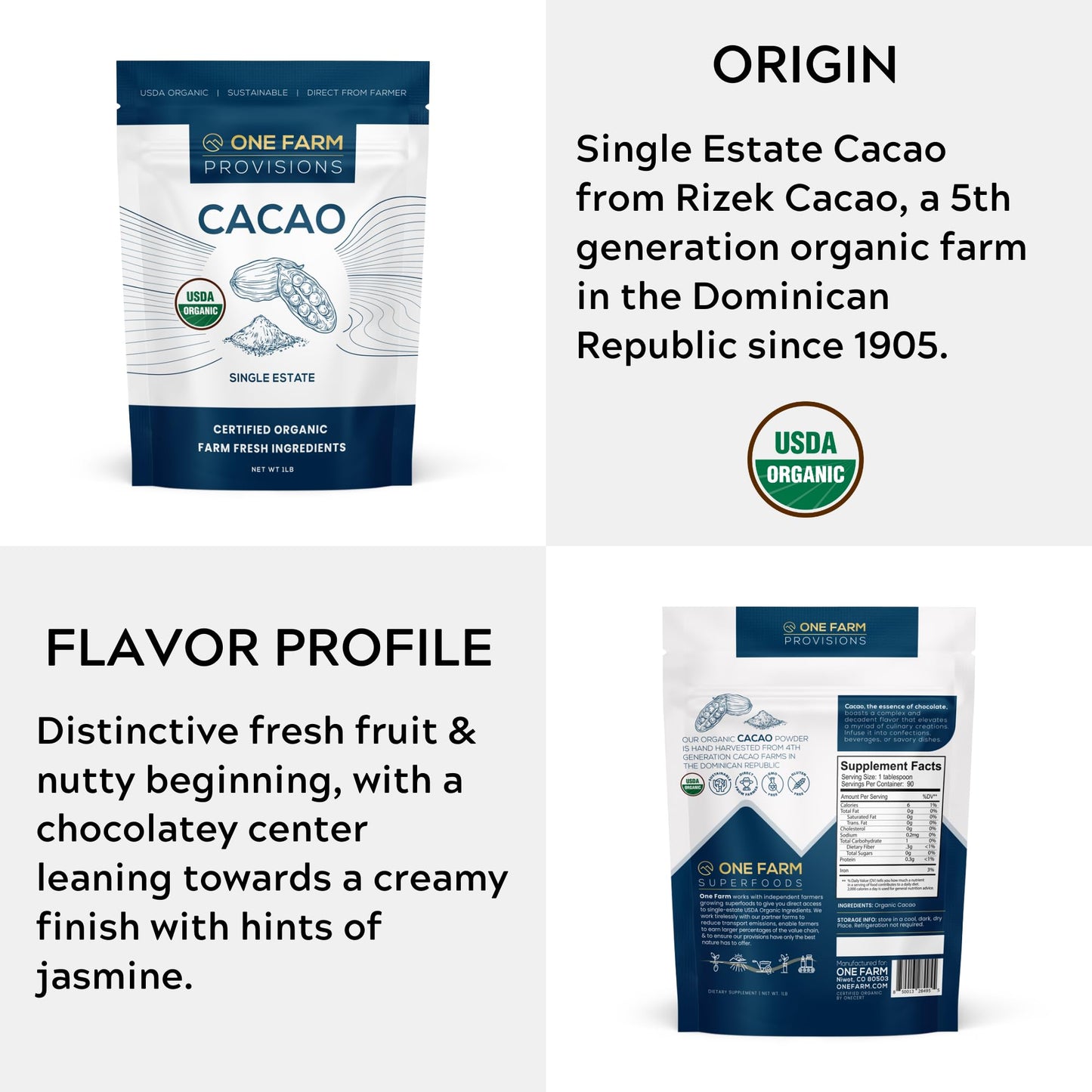 One Farm By Waayb Organic Cacao, Single Estate, Non-Gmo, Fair-Trade, Vegan, Gluten Free, 100% Raw Rizek Cacao In Resealable Bag For Cooking, Smoothies, Lattes & Baking (1 Lb, Powder)