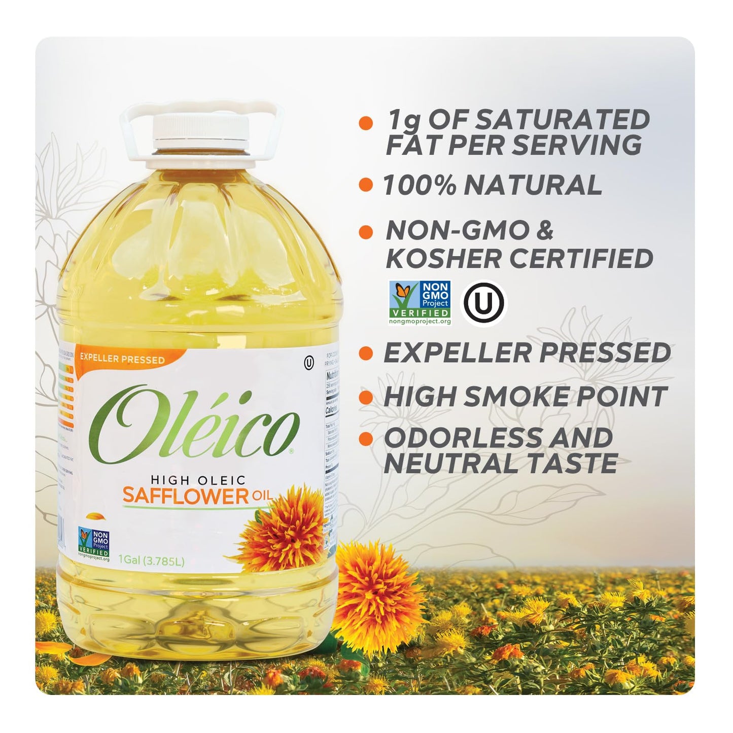 Oleico - High Oleic, Non GMO Certified, Kosher Verified, Expeller Pressed, High Heat Stable Safflower Oil, Bottle of 1 Gallon (1