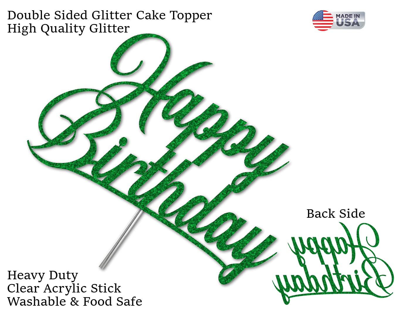 RokAPary Happy Birthday Glitter Cake Topper, Acrylic Decoration, Green