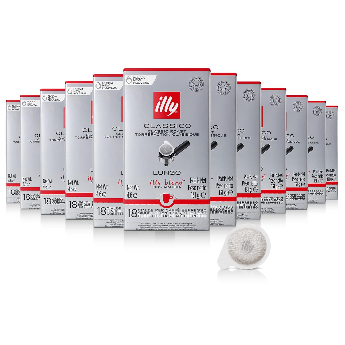 Illy E.S.E. Coffee Capsules - Classico Lungo Roast, 18 Count (Pack of 12) - Notes of Caramel, Orange Blossom & Jasmine