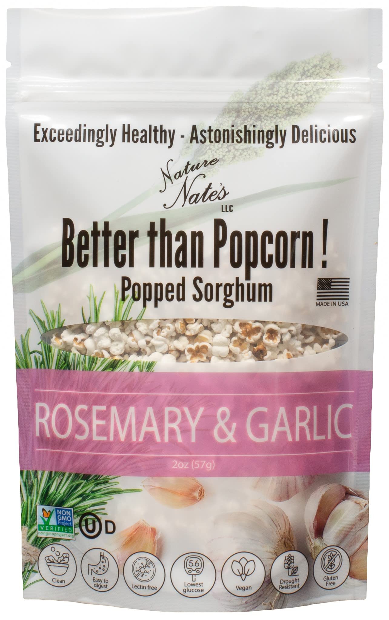 Nature Nates Popped Sorghum, Rosemary & Garlic - Organic, Keto & Gluten Free, Healthy Snacks, Better Than Popcorn, Made In Usa -