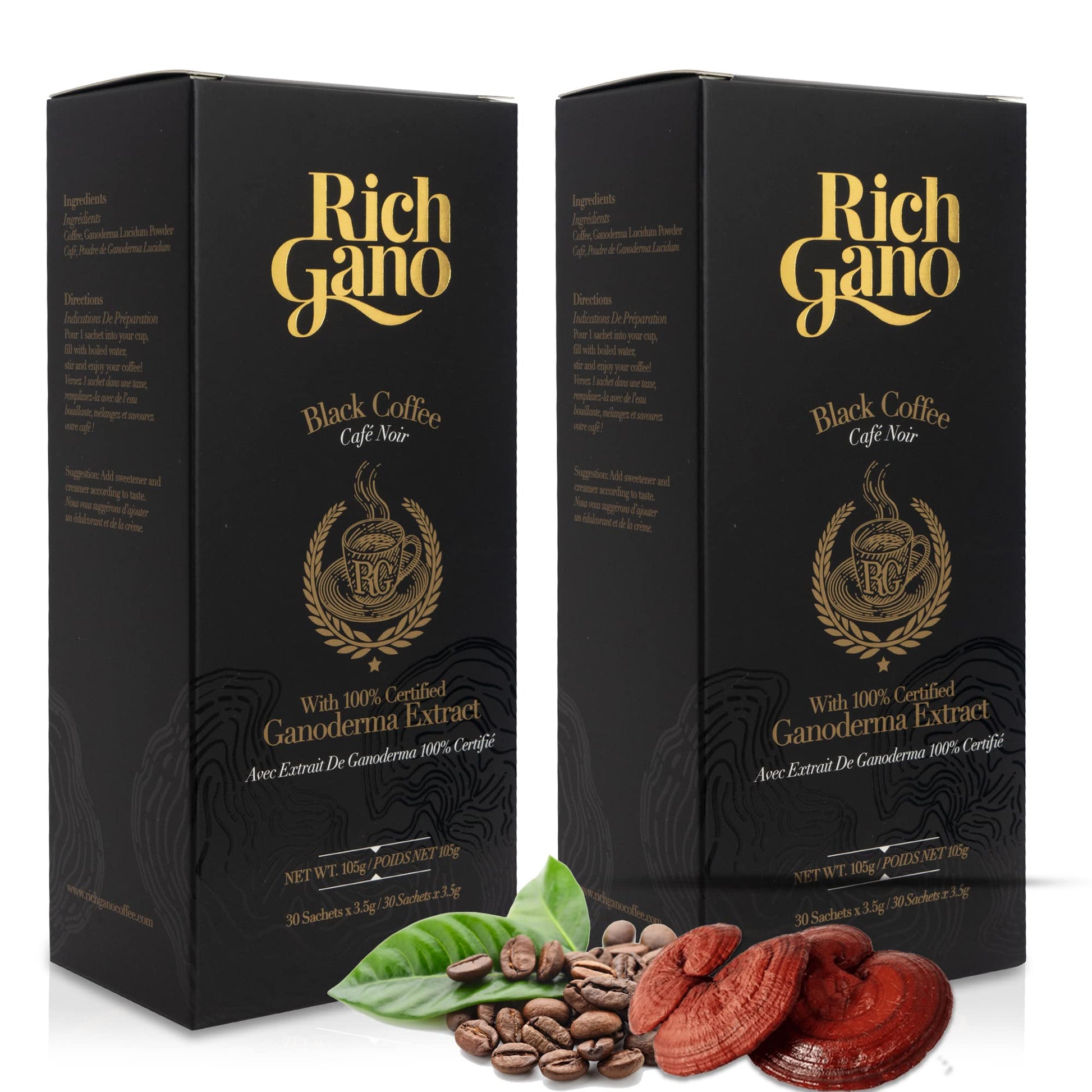 Rich Gano Reishi Mushroom Coffee - Instant Coffee Packets, Vegan Friendly, 2 Boxes of 30 Sachets