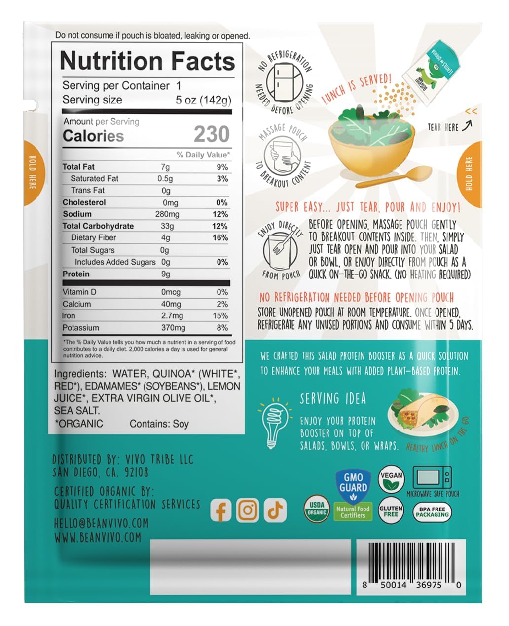 Beanvivo 6-Pack Salad Protein Booster - Organic Cooked Edamame & Quinoa Hint Of Lemon Delivering A Burst Of Taste And 9G Of Prot