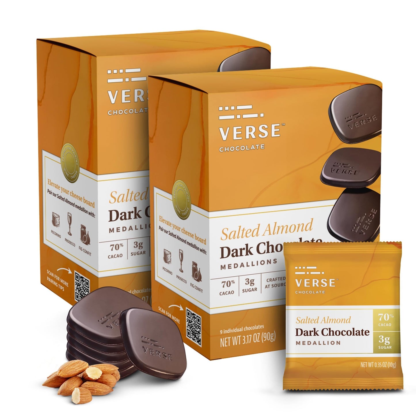 Verse 70% Dark Chocolate With Almonds - Only 3G Cane Sugar - Crunchy Salted Almond - Individually Wrapped Dark Cocoa Bar Chocolates (9 Count  2 Pack)