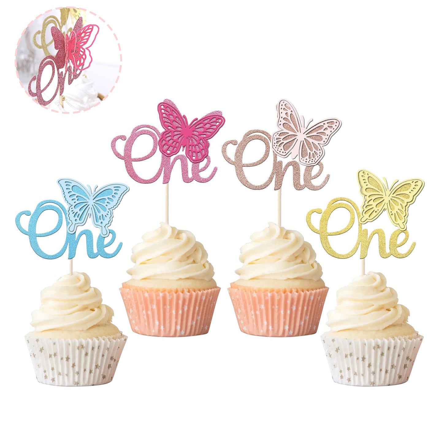 Rsstarxi Butterfly Cupcake Toppers, 24 Pack, Glitter, First Birthday, Multi Colors, Paper, Model XM011-multi