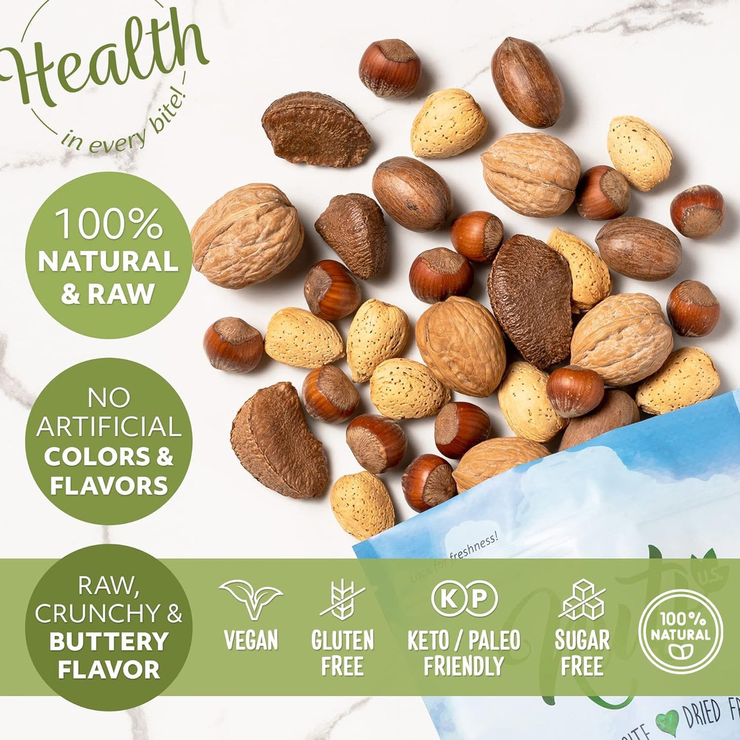 NUTS - U.S. Mixed Nuts In Shell, Almonds, Walnuts, Hazelnuts, Pecans, Brazil Nuts, 2 lbs, No Added Colors, Resealable Bag