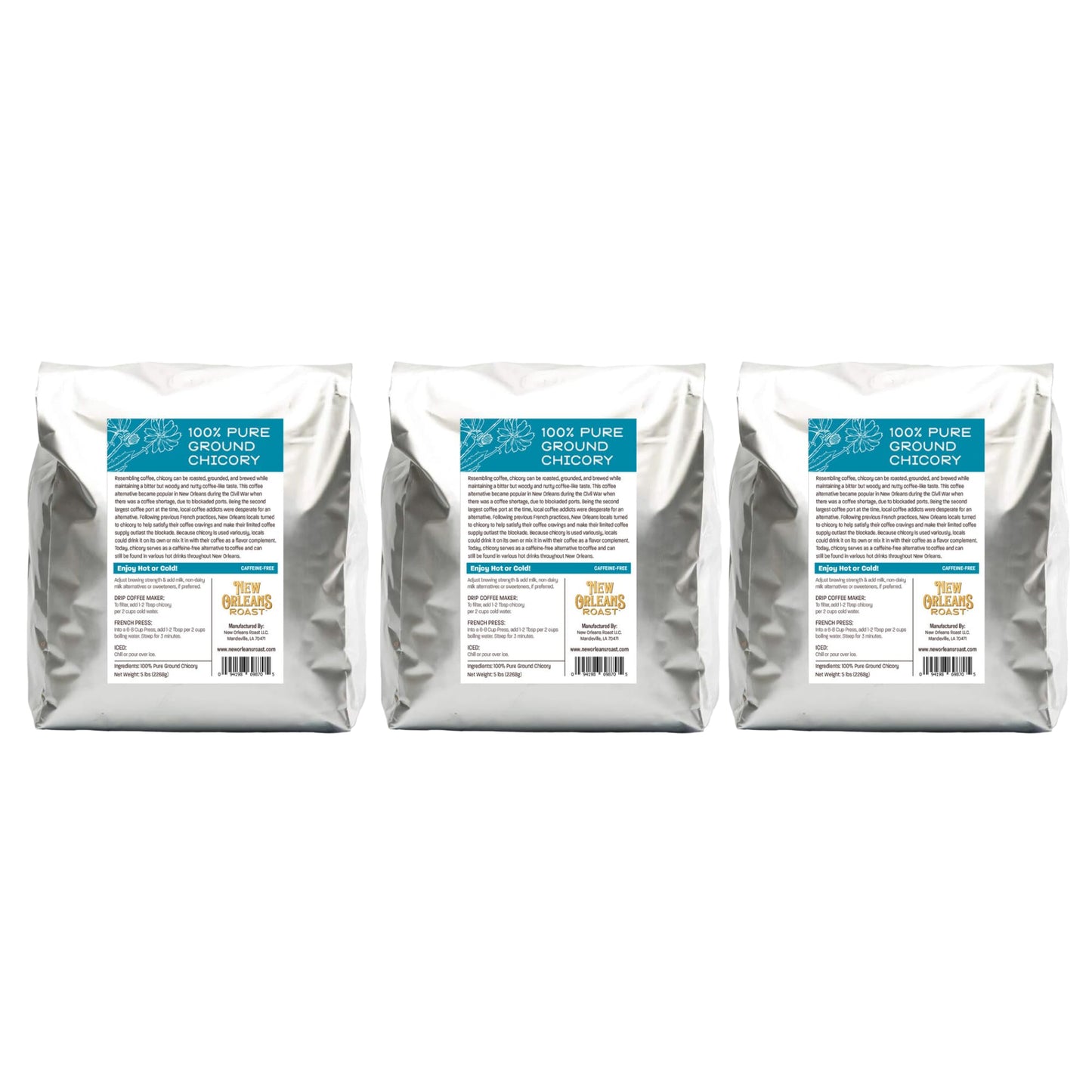 New Orleans Roast Pure French Chicory Coffee Alternative, Dark Roast, 5 Pound Bag (Pack of 3)