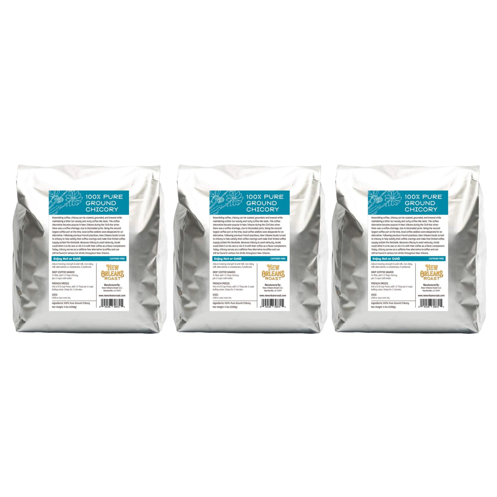 New Orleans Roast Pure French Chicory Coffee Alternative, Dark Roast, 5 Pound Bag (Pack of 3)