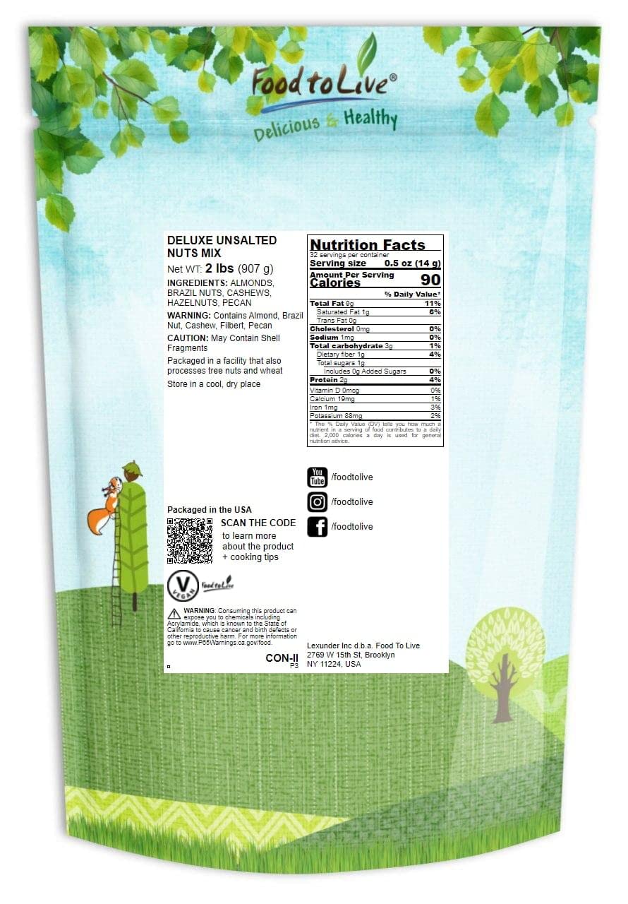 Food To Live Deluxe Unsalted Nuts Mix, 2 Pounds - A Blend Of Dry Roasted Pecans, Cashews, Hazelnuts, Almonds, Brazil Nuts. Oven