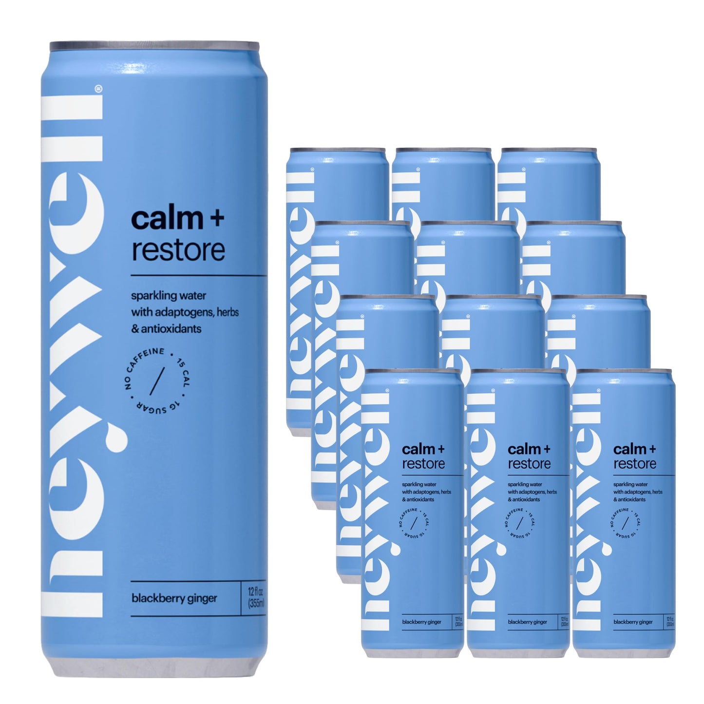 Heywell Sparkling Adaptogenic Water Calm and Restore, Blackberry Ginger Flavor 12 Fluid Ounce (Pack of 12) - Non Caffeinated, Or