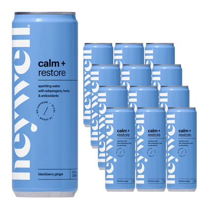 Heywell Sparkling Adaptogenic Water Calm and Restore, Blackberry Ginger Flavor 12 Fluid Ounce (Pack of 12) - Non Caffeinated, Or