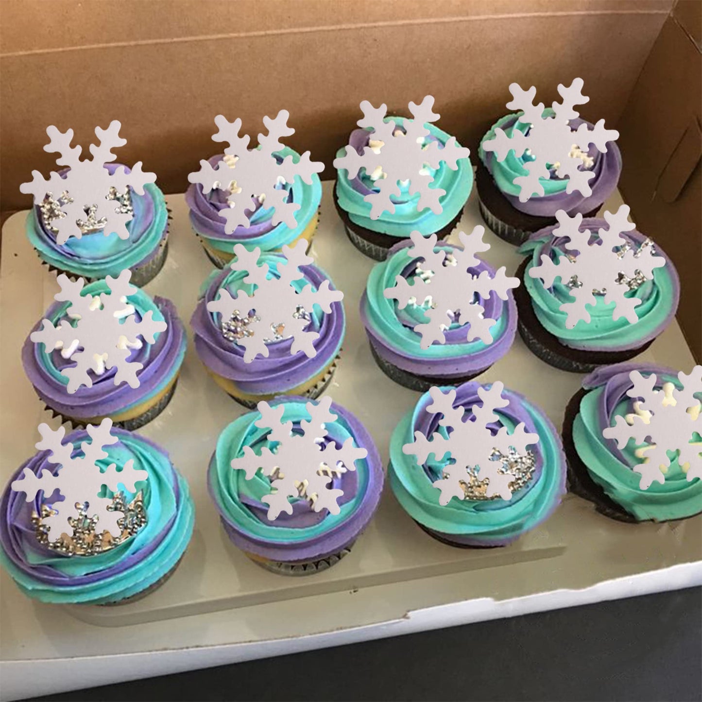 YCTHUNFISH 50 Pack Edible Snowflake Cupcake Toppers, White, Paper/Wafer, Small - Winter Frozen Theme Party Decorations