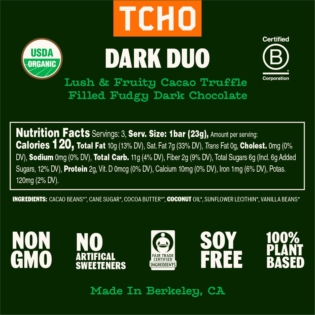 Tcho Dark Duo 75% Dark Chocolate Bars (5 Pack) | Plant Based, Organic & Fair Trade, | Non Gmo, Non-Dairy, Vegan Chocolate, Soy F