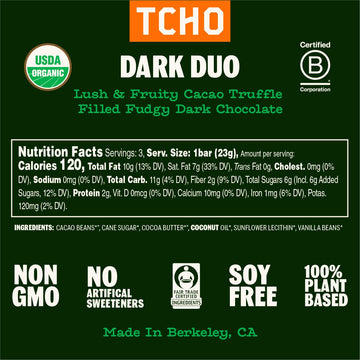 Tcho Dark Duo 75% Dark Chocolate Bars (5 Pack) | Plant Based, Organic & Fair Trade, | Non Gmo, Non-Dairy, Vegan Chocolate, Soy F