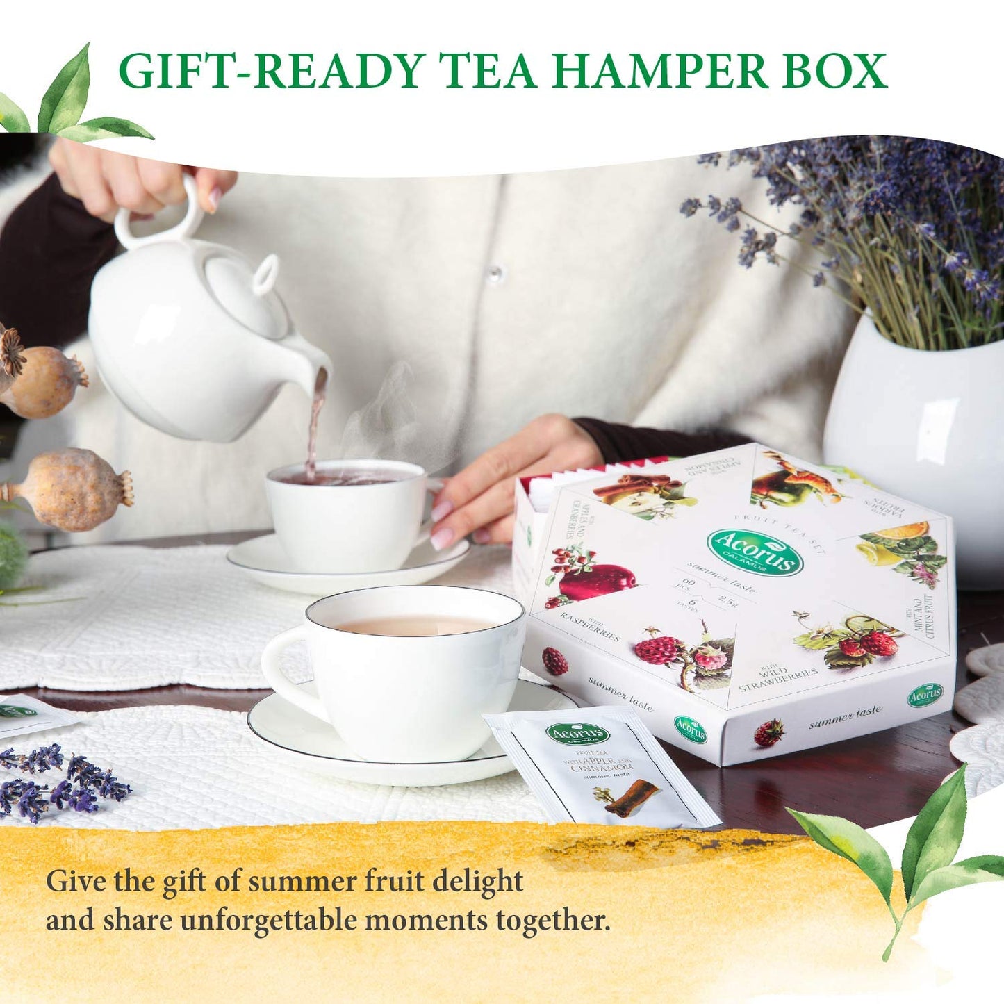 Acorus Summer Taste Tea Set | Perfect For Making Iced Tea | Natural Assorted Tea Hamper Box Gift Set | Large Selection Box 60 Te