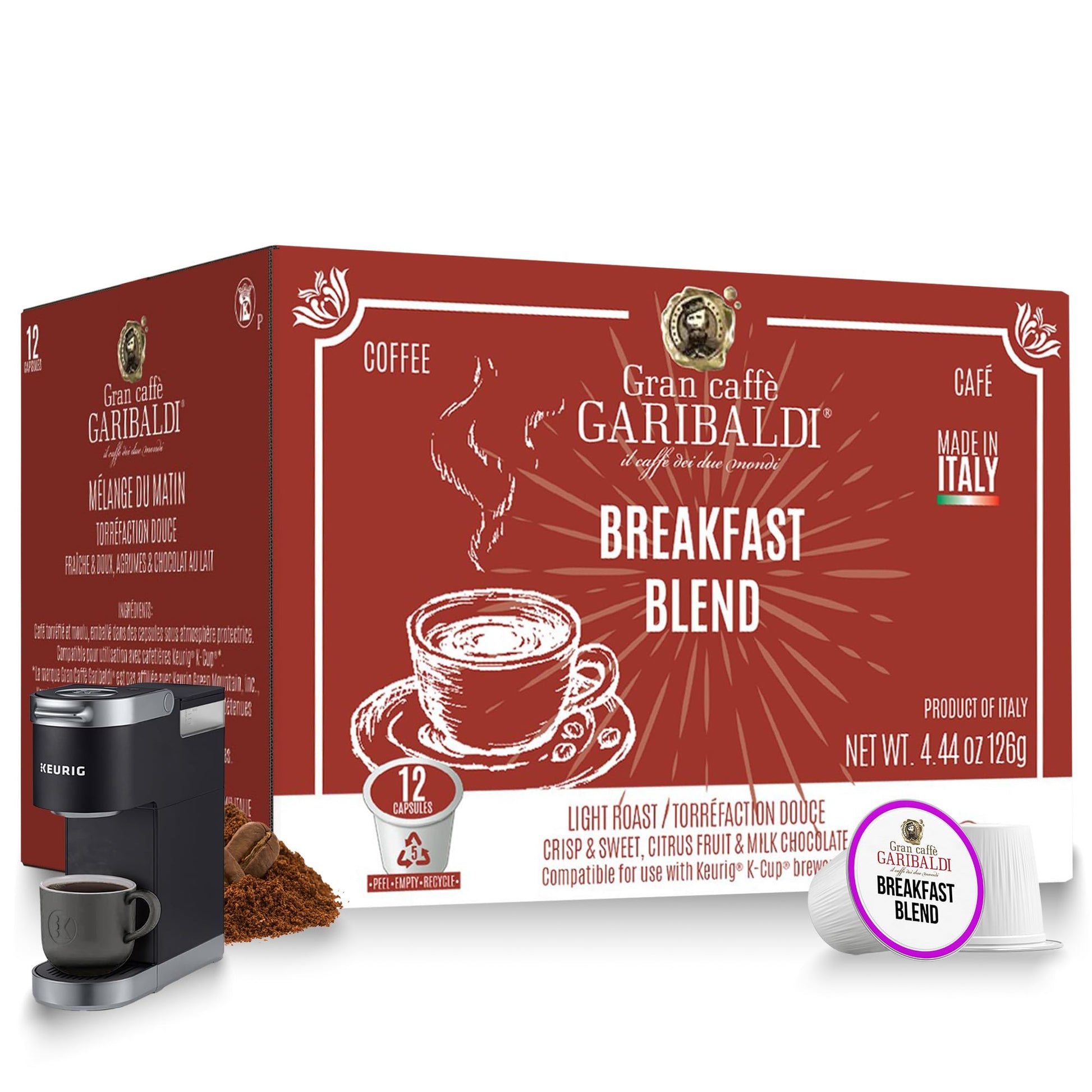 Caffè Garibaldi Breakfast Blend Coffee Pods, Single-Serve K-Cup Capsules, 100% Arabica, Light Roast, 12 Count