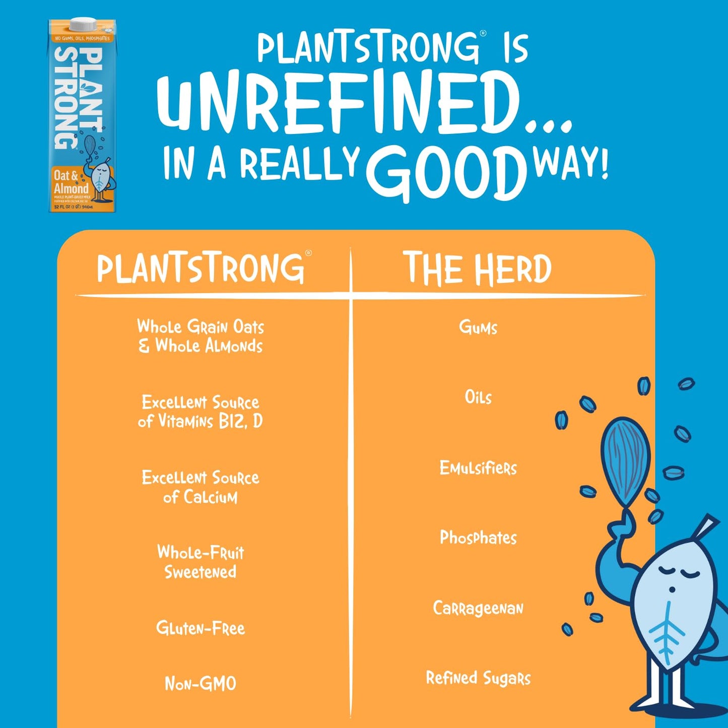 PLANTSTRONG Oat & Almond Milk 32oz (6 Pack) - NON-GMO - Plant Based, Vegan - Gluten Free Dairy Free - Shelf Stable - Lactose Fre