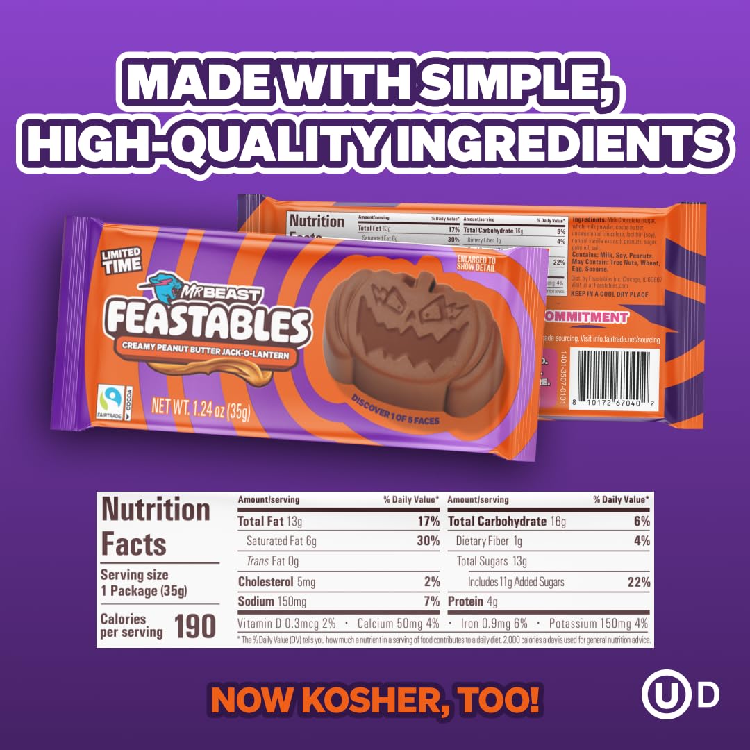 Feastables Mrbeast Peanut Butter Jack-O-Lantern, Milk Chocolate & Creamy Peanut Butter Filling, Cups For Mature-Themeds & Kids, Chocolate Candy For Halloween Snacks, Made With Fairtrade Cocoa, 30 Count