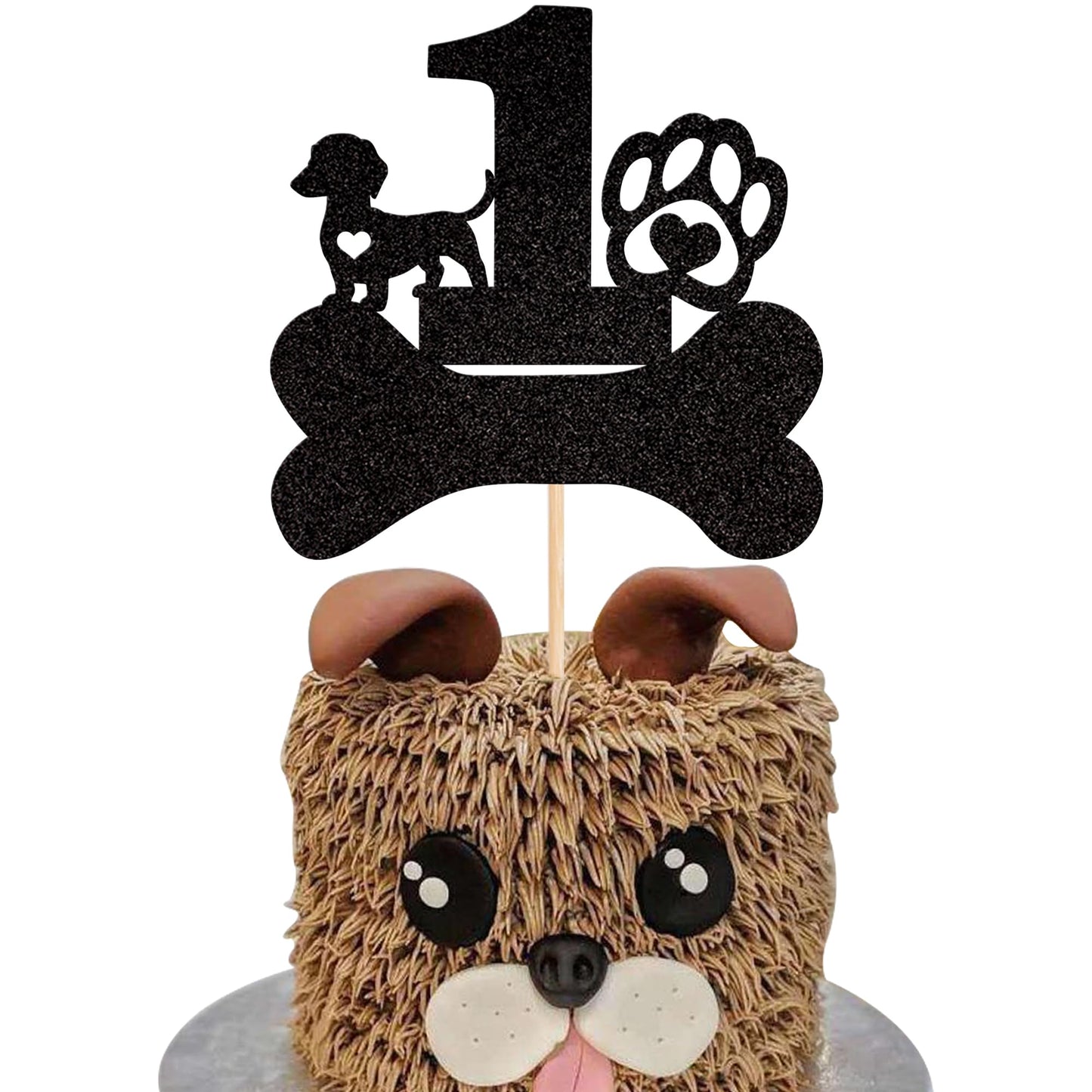1 PCS 1st Birthday Cake Topper Black Glitter Dog Paw One Year Old Birthday Puppy Dog Bone Cake Pick for Let's Pawty Baby Shower 
