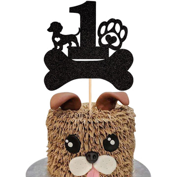 1 PCS 1st Birthday Cake Topper Black Glitter Dog Paw One Year Old Birthday Puppy Dog Bone Cake Pick for Let's Pawty Baby Shower 