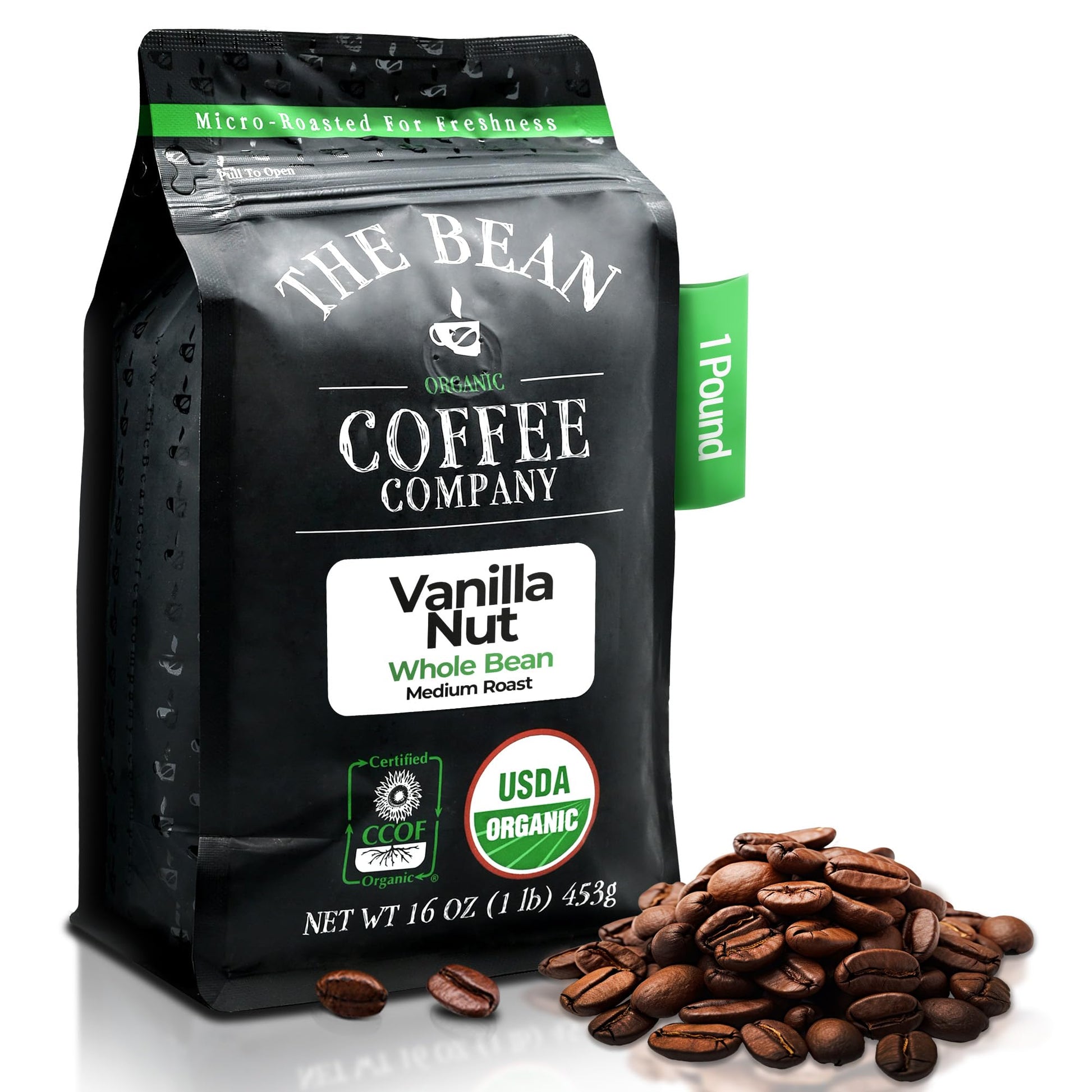 The Bean Organic Coffee Company Vanilla Nut, Medium Roast, Whole Bean Coffee, 16-Ounce Bag