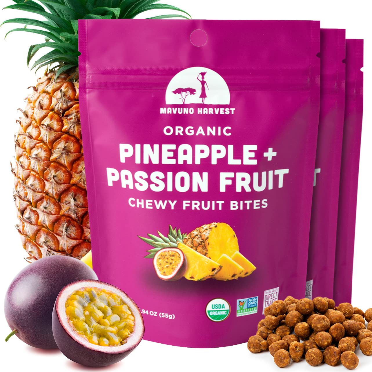 Mavuno Harvest Organic Fruit Snacks - Chewy Fruit Bites - Non-GMO - 1.94 oz (Pack of 3) - Pineapple & Passionfruit
