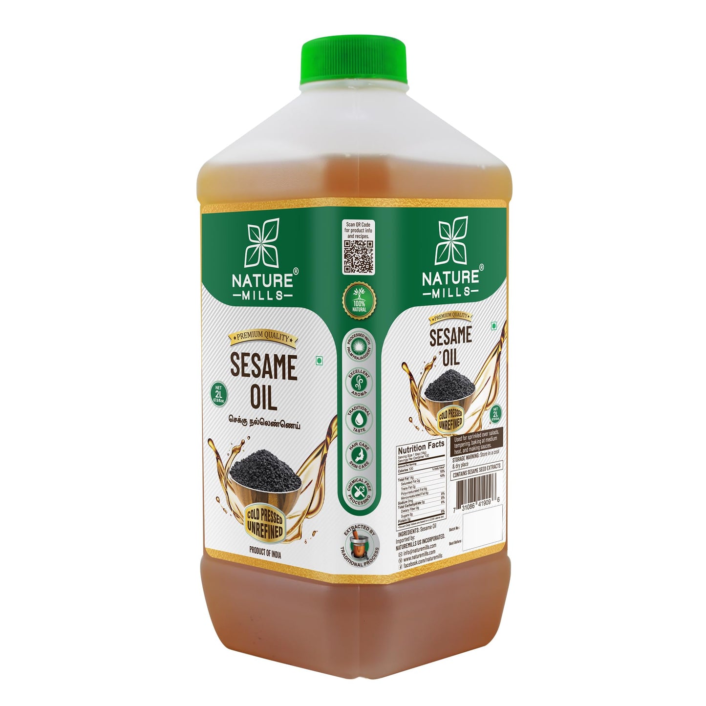 NatureMills Natural Sesame Oil - Cold Pressed, Unrefined - 2 Liter (67.6 Fl Oz) - Healthy Cooking Oil