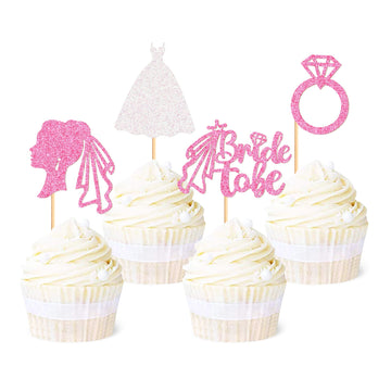 Ercadio 24 Pack Bride To Be Cupcake Toppers Pink Glitter Wedding Dress Ring Cupcake Picks Bride To Be Cake Toppers Wedding Engag