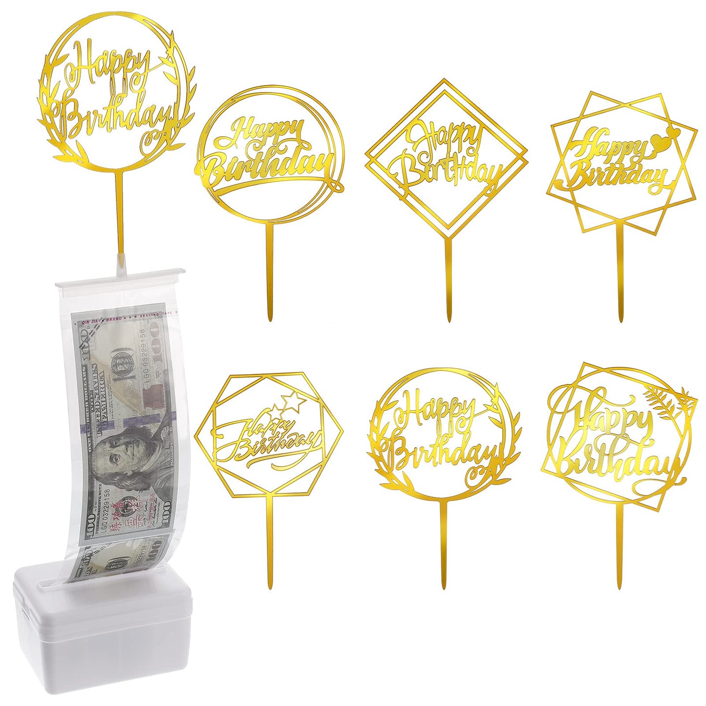 Joeleli 107 Pieces Cake Money Box Kit, 6 Pieces Happy Birthday Cake Topper,100 Pieces Clear Bags Connected Pockets, Cake Money P