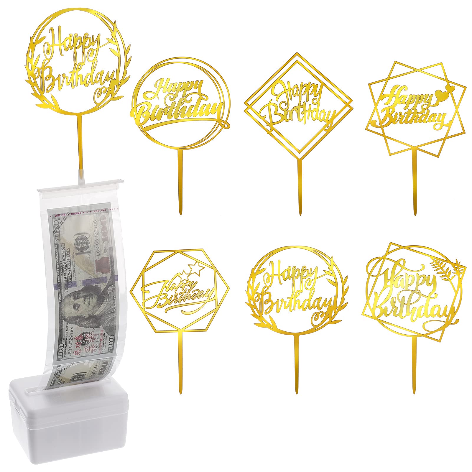 Joeleli 107 Pieces Cake Money Box Kit, 6 Pieces Happy Birthday Cake Topper,100 Pieces Clear Bags Connected Pockets, Cake Money P