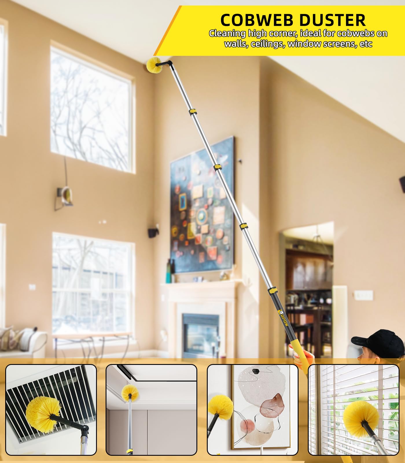 30 Foot High Reach Duster Kit With 7-24Ft Extension Pole, High Ceiling Fan Duster W/Telescopic Pole, Cobweb Duster, Feather Dust