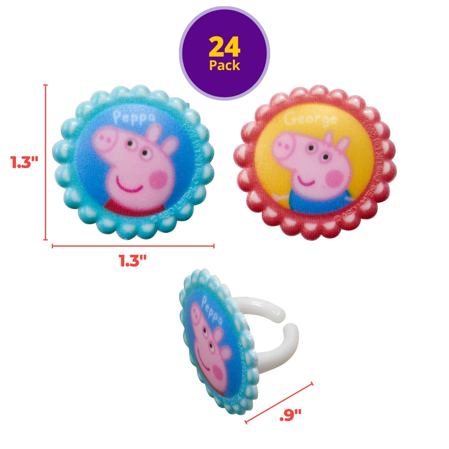 DecoPac Peppa Pig Cupcake Decorations, 24 Pack, 3D Food Safe Toppers, Plastic, Multi Color, Model 47705
