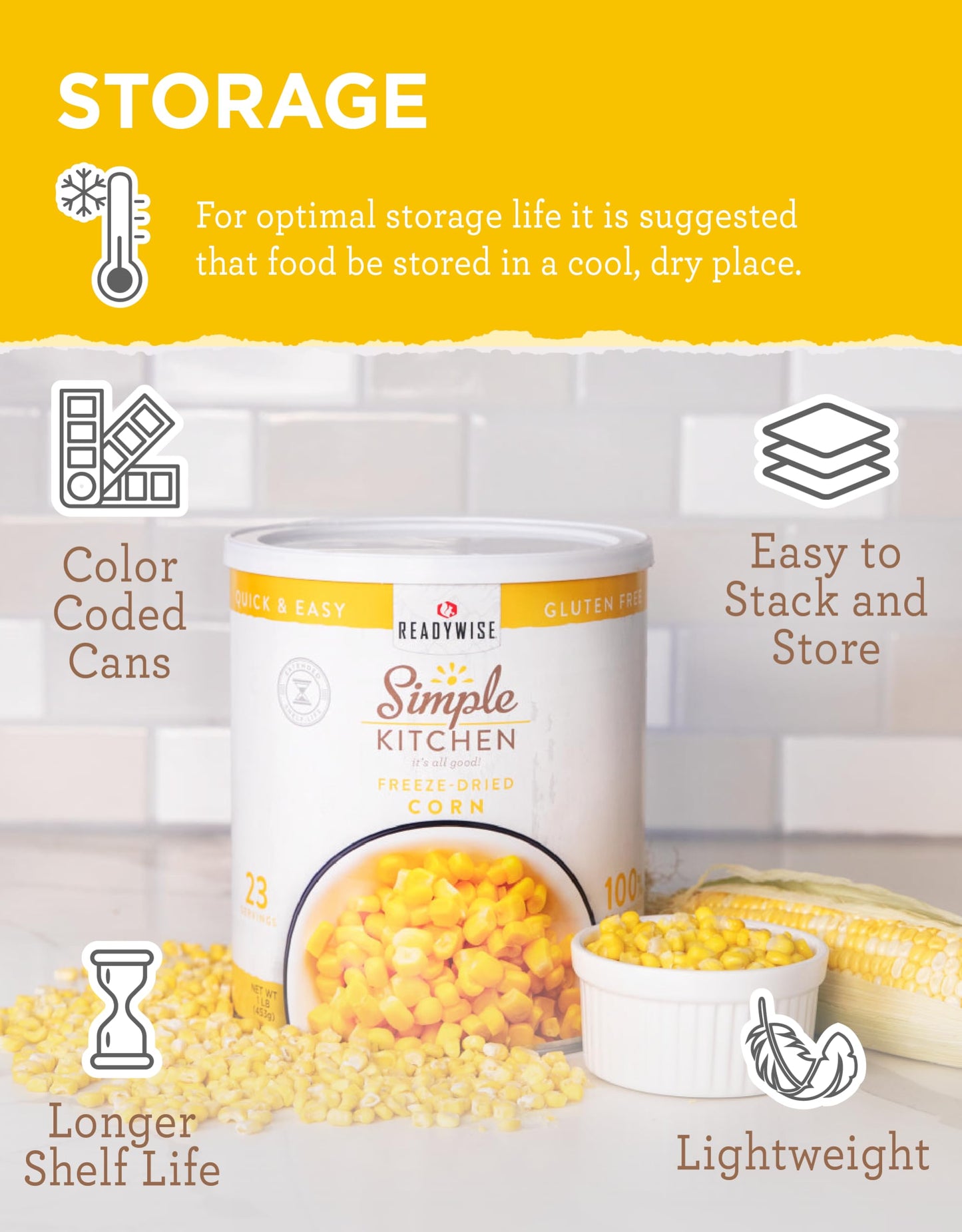 Simple Kitchen Freeze Dried Corn – 23 Servings For Family Meal Prep, Sweet Canned Corn, Gluten Free & Dehydrated Camping Meals, Emergency Survival Food For Backpacking & Hiking, #10 Can Package