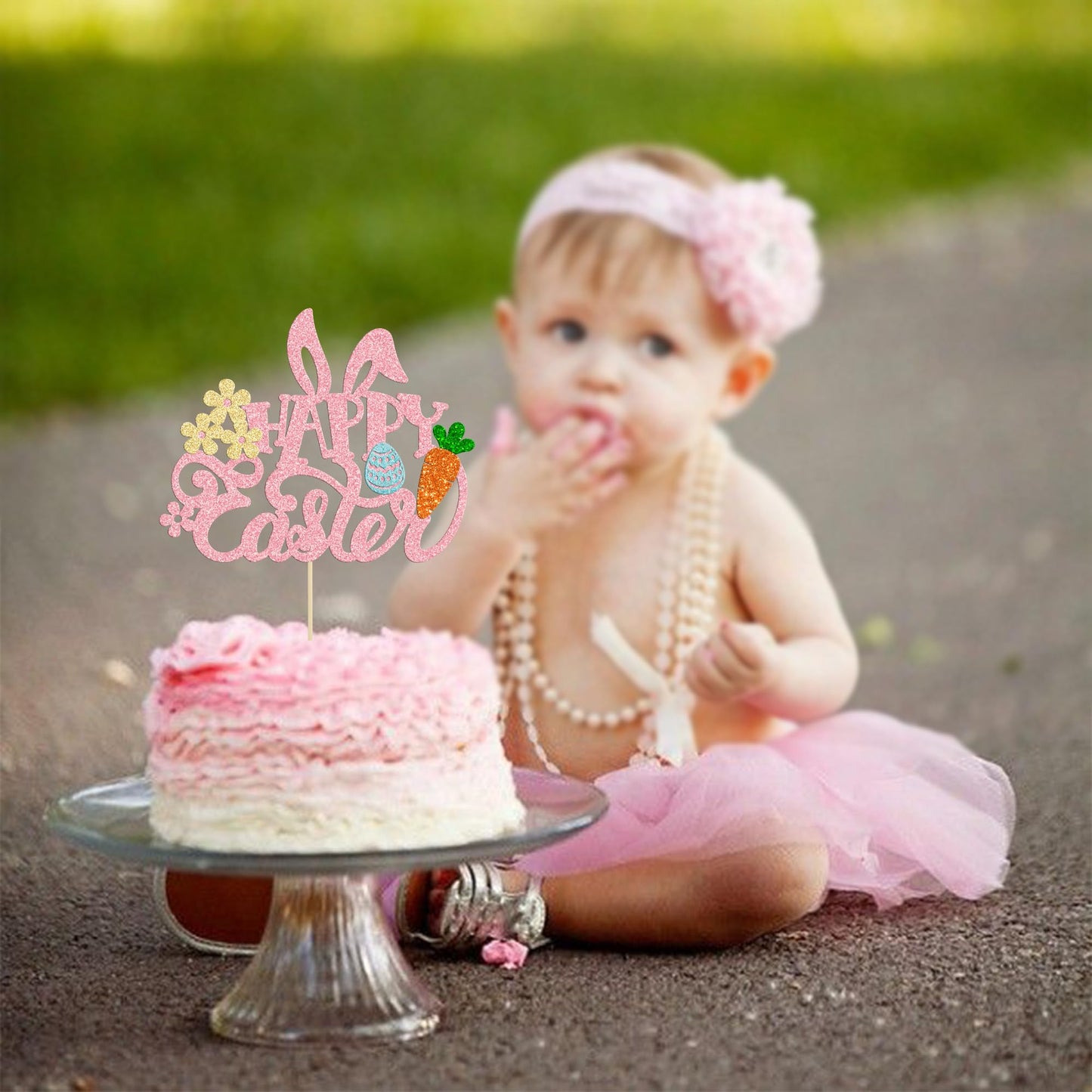 Gyufise Happy Easter Cake Topper, Glitter Bunny Ear Decoration, Pink, Model ZN0317-7-P