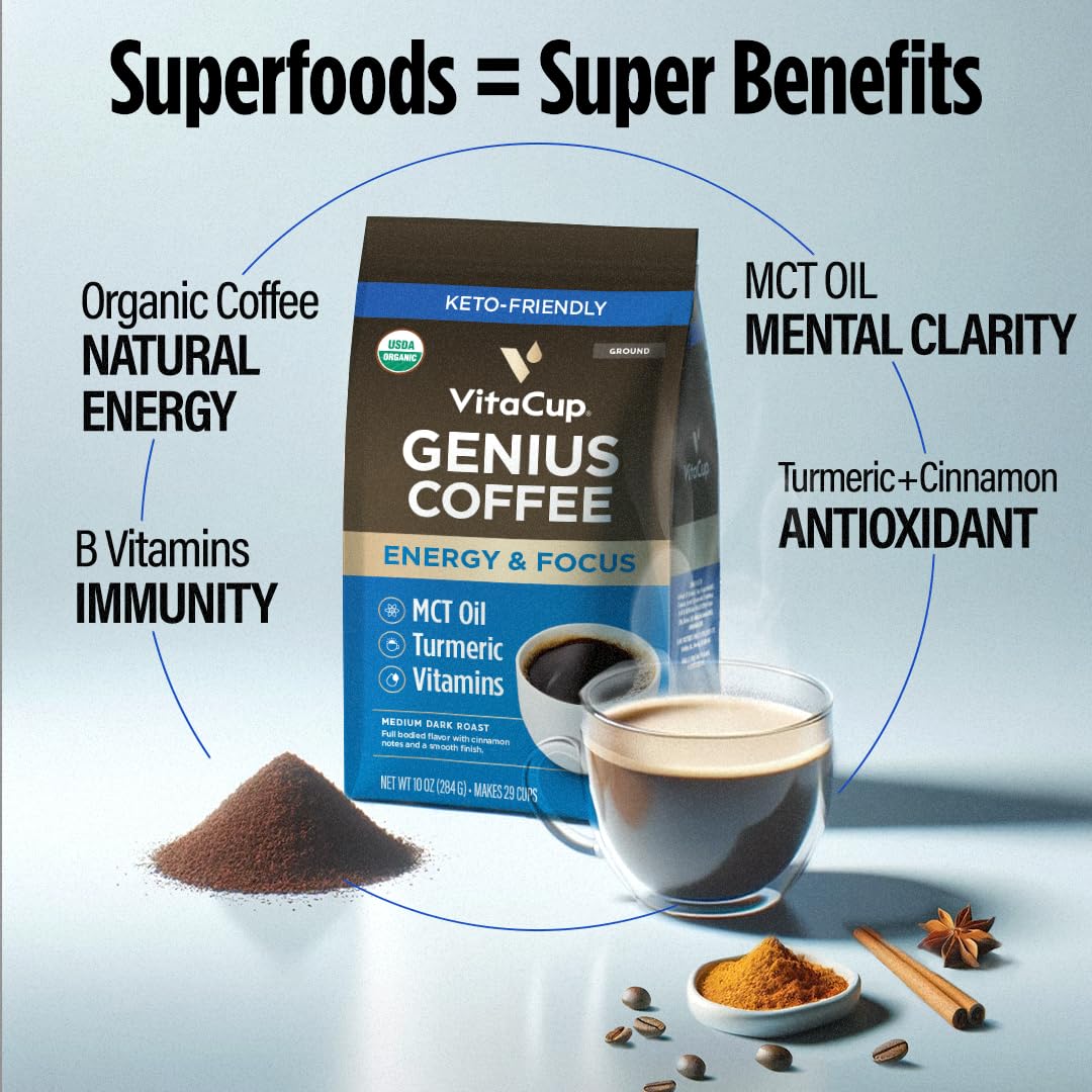 VitaCup Organic Ground Keto Coffee, Medium Dark Roast, 6 Pack, 10 oz Each, Natural