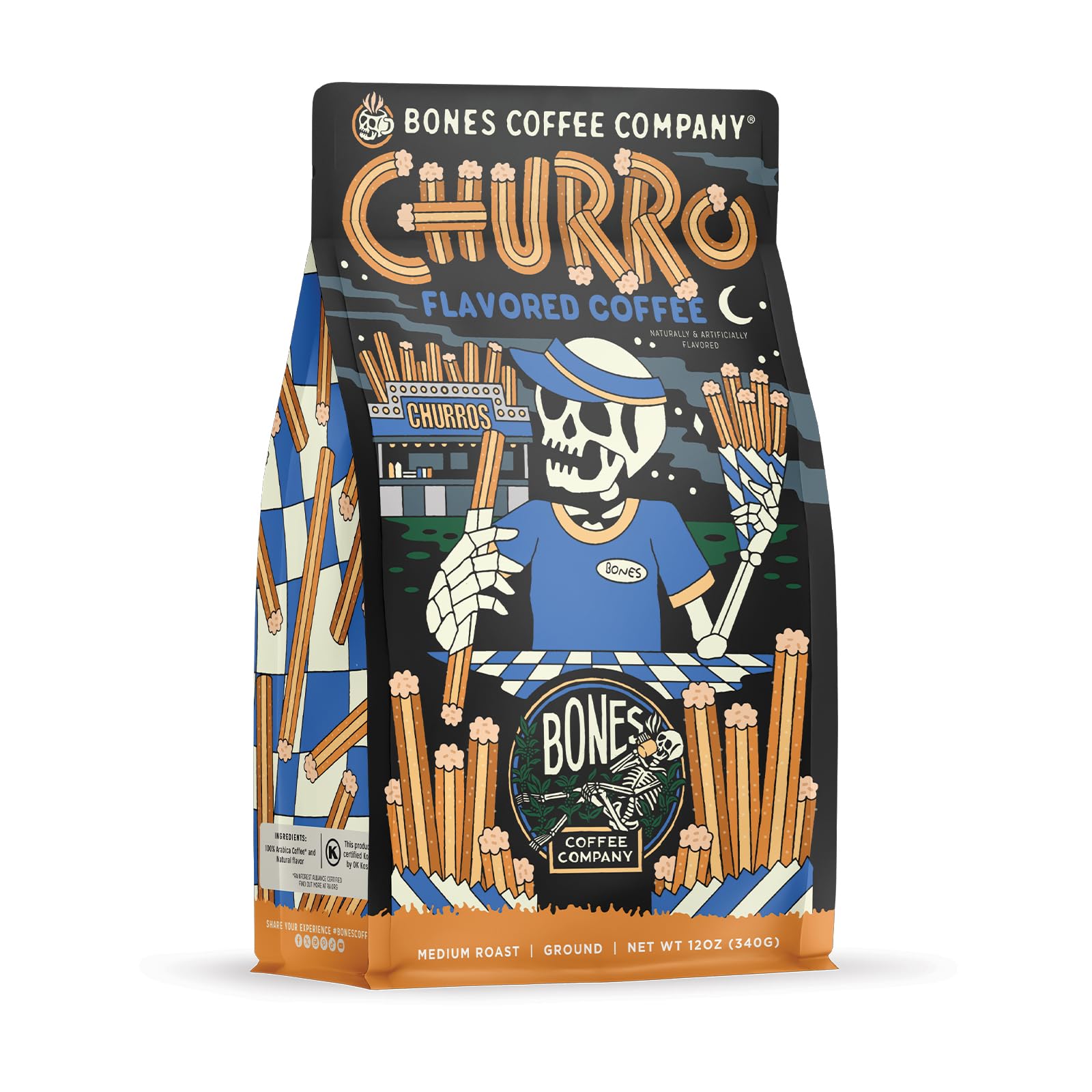 Bones Coffee Company Churro  Sweet Sugary Cinnamon Flavored Coffee  Medium Roast Low Acid Arabica Beans Compatible with Auto drip and French Press Coffee Maker  12 Oz Ground