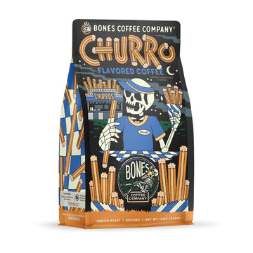 Bones Coffee Company Churro  Sweet Sugary Cinnamon Flavored Coffee  Medium Roast Low Acid Arabica Beans Compatible with Auto drip and French Press Coffee Maker  12 Oz Ground