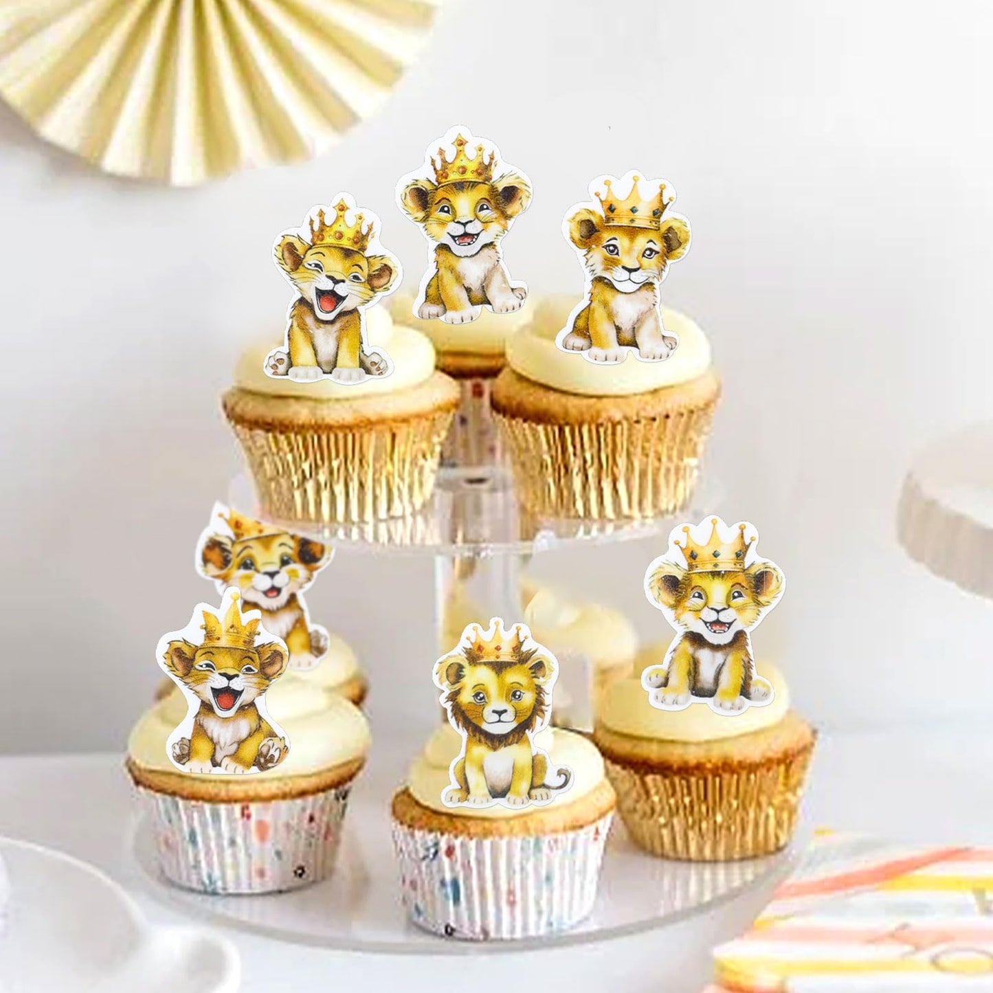 40Pcs Edible Lion Cupcake Toppers Wafer Paper Safari Animal Theme Cake Toppers Decoration For Lion Drink Topper Baby Shower Birt