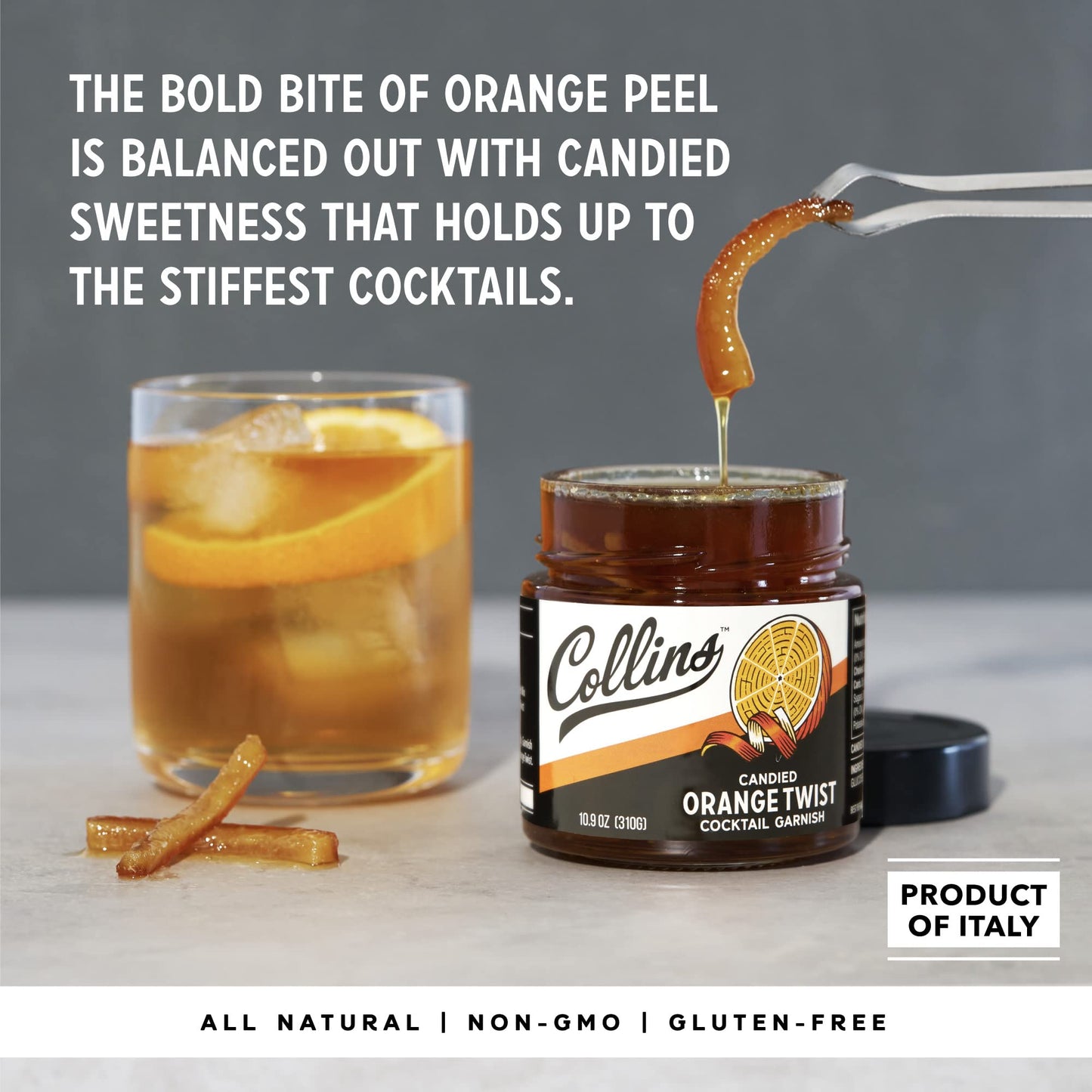 Collins Candied Fruit Orange Peel Twist In Syrup - Popular Cocktail Garnish For Skinny Margarita, Martini, Mojito, Old Fashioned Drinks, Peel For Baking, 10Oz