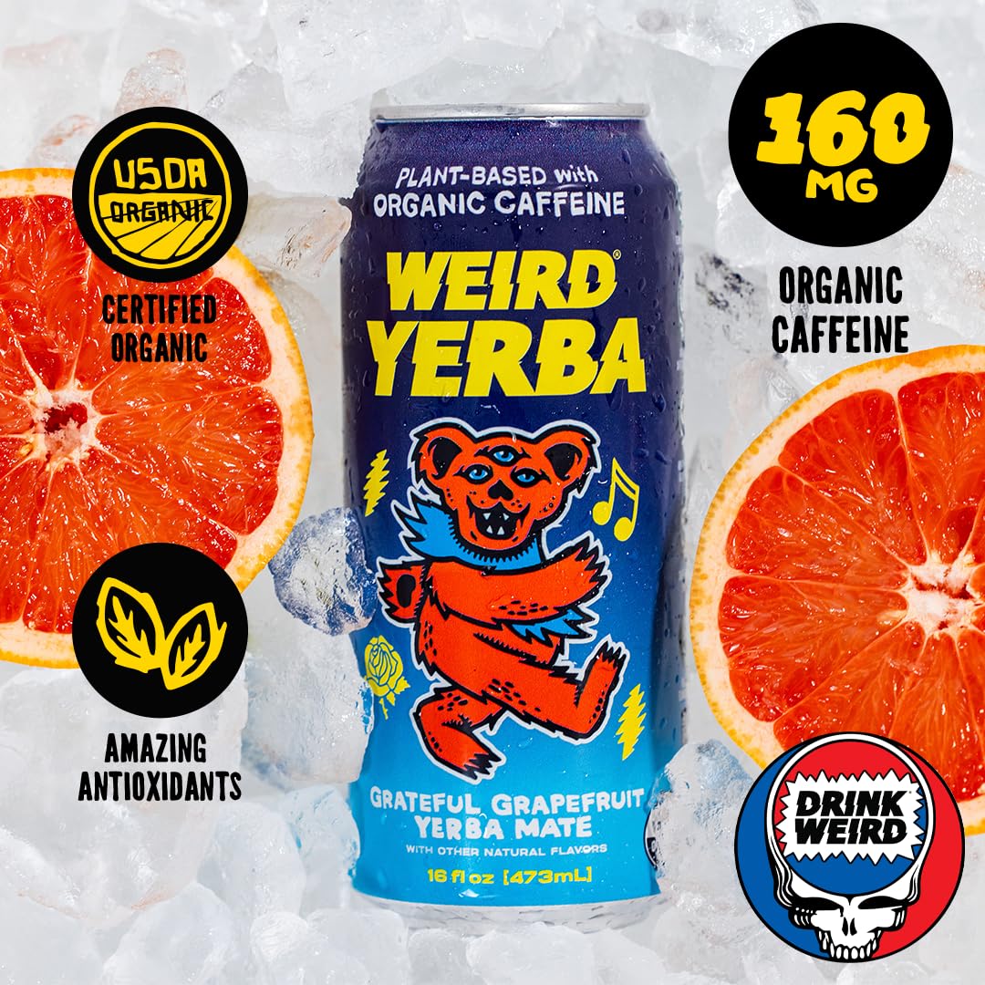 WEIRD Organic G fruit Yerba Mate - 16oz Cans, 160mg Caffeine, Pack of 12
