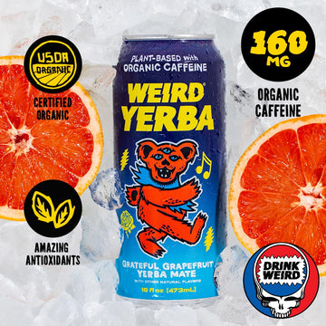 WEIRD Organic G fruit Yerba Mate - 16oz Cans, 160mg Caffeine, Pack of 12